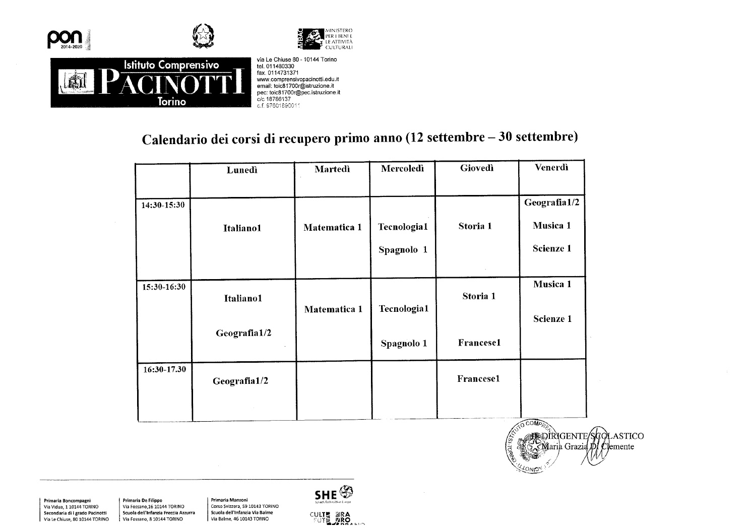 CALENDARI CORSI DI RECUPERO PRIMO ANNO